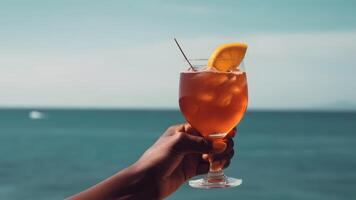 ai generato africano americano mano Tenere bicchiere di cocktail su sfocato mare orizzonte sfondo a soleggiato giorno, neurale Rete generato Immagine foto