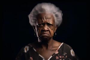 ai generato arrabbiato africano americano Sambuco donna ritratto, neurale Rete generato fotorealistico Immagine foto