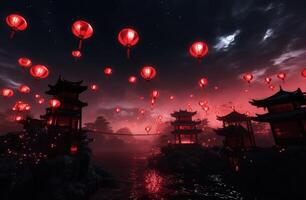 ai generato Cinese rosso lanterne sospeso a partire dal il cielo siamo galleggiante nel esso foto