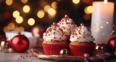 ai generato Natale albero decorazioni e cupcakes su tavolo, foto
