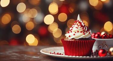 ai generato Natale albero decorazioni e cupcakes su tavolo, foto