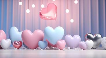ai generato blu e rosa colorato cuore giocattoli di il legna con leggero astratto foto