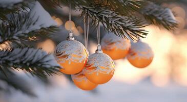 ai generato Natale albero con luccichio palle sospeso su rami nel sfondo foto