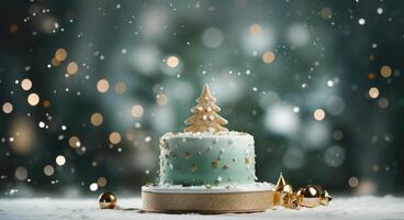 ai generato Natale nozze torta con albero e i fiocchi di neve nel il sfondo foto