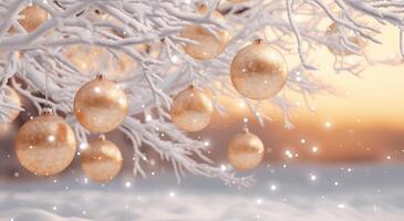 ai generato Natale albero con luccichio palle sospeso su rami nel sfondo foto