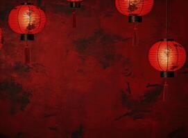ai generato decorativo lanterne sospeso su rosso sfondo foto