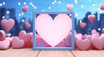 ai generato rosa e blu a forma di cuore sfondo di legno telaio su bokeh sfondo foto