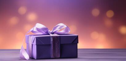 ai generato viola regalo scatola contro viola sfondo foto