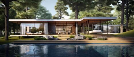 ai generato moderno Casa con piscina e albero foto