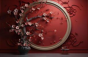 ai generato rosso parete arte fiore e rami decorazione foto