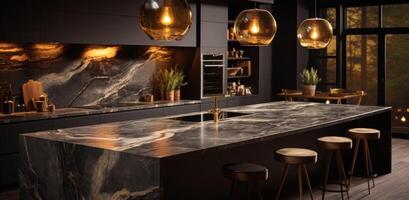 ai generato lucidato nero marmo controsoffitto con pendente illuminazione nel un' classico moderno cucina foto