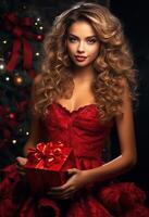 ai generato il bellissimo femmina modello è Tenere un' rosso regalo foto