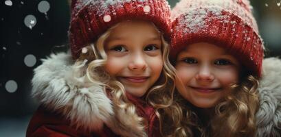 ai generato Due poco ragazze seduta nel auto su Natale, foto