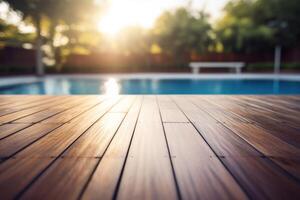 ai generato nuoto piscina con di legno ponte foto