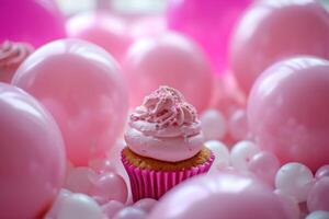 ai generato rosa palloncini circondato di rosa Cupcake foto