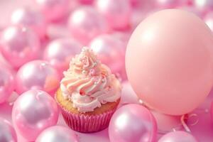 ai generato rosa palloncini circondato di rosa Cupcake foto