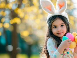 ai generato paesaggio con un' ragazza hold Pasqua uova, Pasqua uovo caccia. generativo ai foto