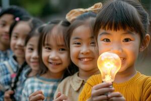 ai generato bambino Tenere un' leggero lampadina . concetto di idee e creatività. generativo ai foto