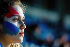 ai generato francese sostenitore con bandiera viso dipingere . Francia 2024 olimpico concetto .generativo ai foto