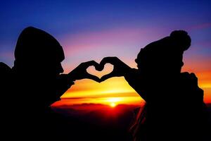 ai generato un' coppia di amore fa un' a forma di cuore gesto, mentre il tramonto. ai sfondo foto