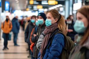 ai generato persone in viaggio linea su a parte a aeroporto con viso maschera - generativo ai foto