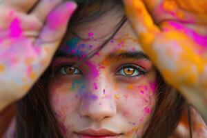 ai generato holi Festival, ritratto di un' giovane donna nel colorato polvere esplosione. generativo ai. foto
