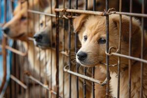 ai generato vicino su triste grande cani catturato nel gabbia. generativo ai foto