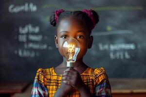 ai generato africano bambino Tenere un' leggero lampadina nel il aula, concetto di idee e creatività. generativo ai foto