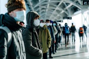 ai generato persone in viaggio linea su a parte a aeroporto con viso maschera - generativo ai foto