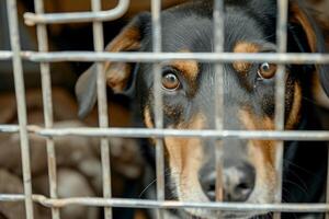 ai generato vicino su triste grande cani catturato nel gabbia. generativo ai foto