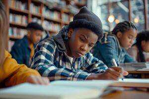 ai generato africano americano scuola bambini studiando al chiuso, circondato di amicizia e solidarieta generativo ai foto