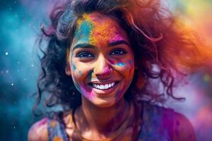 ai generato holi Festival, ritratto di un' giovane donna nel colorato polvere esplosione. generativo ai. foto