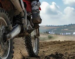 ai generato motocross ciclista equitazione su sporco traccia avvicinamento pneumatico generativo ai foto