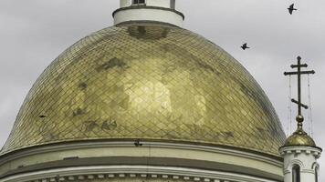 uccelli volante vicino bellissimo Chiesa, religione concetto. azione filmato. ortodosso d'oro croci e cupole su di il Chiesa contro il sfondo di nuvole. foto