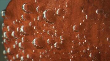 avvicinamento di bolle su petalo nel acqua. azione filmato. grande subacqueo bolle su rosso petali. bolle sotto acqua su oggetto foto