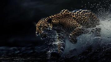 ai generato un' vicino su di un' leopardo nel il acqua con un' spruzzo di acqua su è viso e è viso. foto