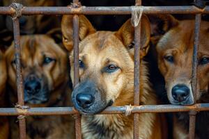 ai generato vicino su triste grande cani catturato nel gabbia. generativo ai foto