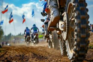 ai generato motocross ciclista equitazione su sporco traccia avvicinamento pneumatico generativo ai foto