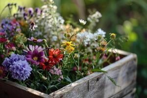 ai generato fiori su di legno finestra scatola nel giardino sfondo, generativo ai foto