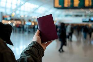 ai generato passaporto nel il mani di un' turista nel il aeroporto terminale. generativo ai foto