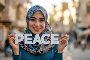 ai generato arabo donna hold pace cartone nel il città sfondo . ai generato, foto