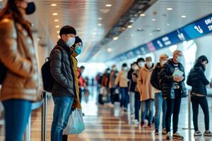 ai generato persone in viaggio linea su a parte a aeroporto con viso maschera - generativo ai foto