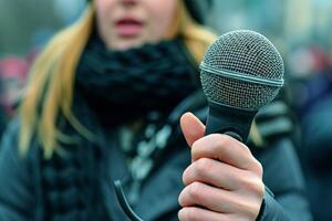 ai generato donna reporter con un' microfono a opera. ai generato, umano migliorata foto