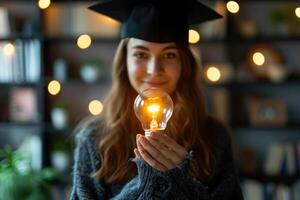 ai generato un' donna con la laurea, leggero lampadina simbolo di intelligenza, generativo ai foto