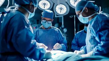 ai generato foto di un' maschio medico l'esecuzione chirurgia nel un operativo camera. generativo ai