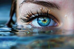 ai generato illustrazione di un' donna di occhio sopra il superficie di acqua foto