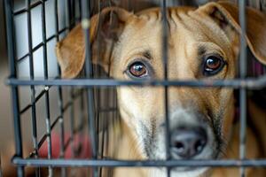 ai generato vicino su triste grande cani catturato nel gabbia. generativo ai foto