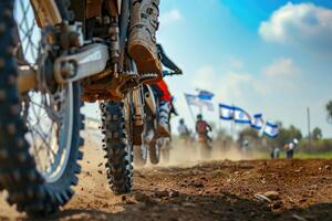 ai generato motocross ciclista equitazione su sporco traccia avvicinamento pneumatico generativo ai foto