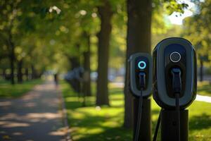 ai generato ev veloce elettrico veicolo caricatori stazione nel parco città, generativo ai foto