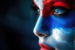 ai generato francese sostenitore con bandiera viso dipingere . Francia 2024 olimpico concetto .generativo ai foto